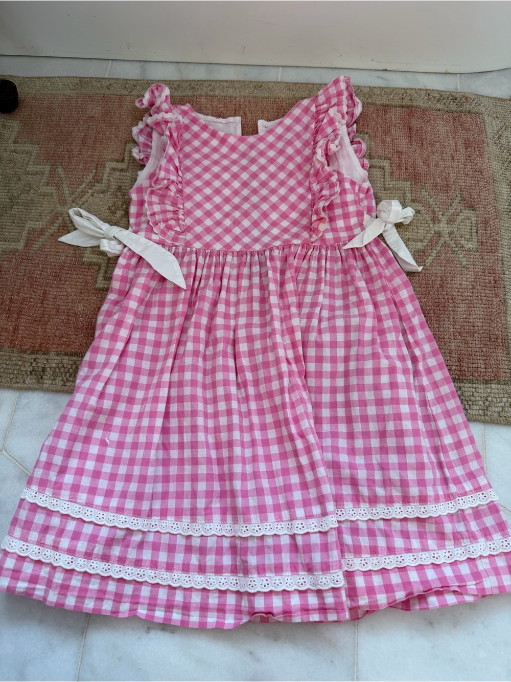 Pink Gingham Ruffle Tie-Shoulder Kids Dress